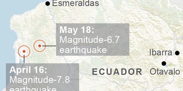 Map locates magnitude-6.7 and magnitude-7.8 quakes in Ecuador; 2c x 3 inches; 96.3 mm x 76 mm;