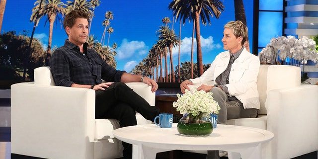 Ellen DeGeneres speaking with actor Rob Lowe on her talk show 'The Ellen DeGeneres Show.'