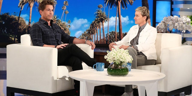 Ellen DeGeneres speaking with actor Rob Lowe on her talk show 'The Ellen DeGeneres Show.'