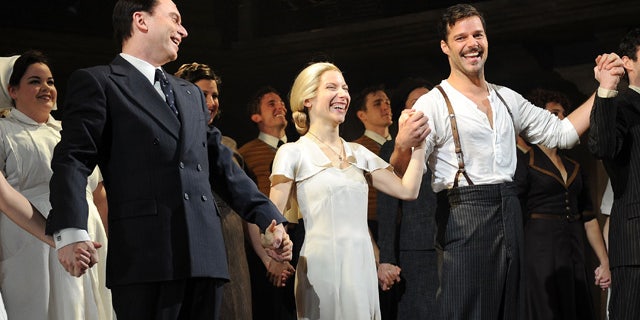 March 12, 2012: Actors Michael Cerveris, Elena Roger and Ricky Martin attend the Broadway revival curtain call and press conference at the Marriott Marquis Hotel in New York City.