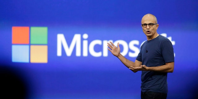 In this April 2, 2014 file photo, Microsoft CEO Satya Nadella gestures during the keynote address of the Build Conference in San Francisco.