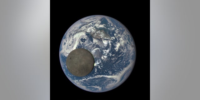 This image shows the far side of the moon, illuminated by the sun, as it crosses between the DSCOVR spacecraft's Earth Polychromatic Imaging Camera (EPIC) camera and telescope, and the Earth - one million miles away.