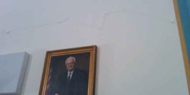 Cracks are visible in the walls of the House Judiciary Committee hearing room in the Rayburn House Office Building. (Fox News Photo/Chad Pergram)