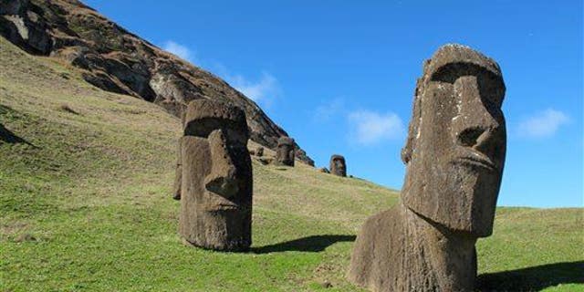 This August 2012 photo shows heads at Rano Raraku, the quarry on Easter Island.