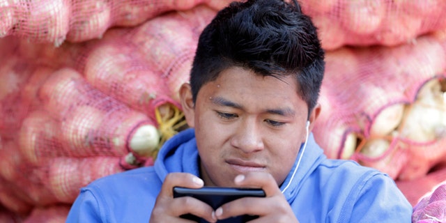 In this Aug. 24, 2014, photo, a young man texts a message on his mobile phone while working at the Mayorista Market in Quito, Ecuador. Ecuador's Central Bank is getting ready to use electronic currency in which consumers will initially be able to use it to make and receive payments using their cellphones. Ecuador is heralding its plans to create the worlds first government-issued digital currency, which some analysts believe could ultimately replace the countrys existing currency, the U.S. dollar, which the government cannot control.  (AP Photo/Dolores Ochoa)