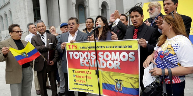 Ecuadorean immigrants demonstrate to ask the Barack Obama administration to allow their fellow citizens living in the United States illegally to stay here and work while the South American country recovers from a magnitude-7.8 earthquake, at a rally on the steps of Los Angeles City Hall Wednesday, May 4, 2016. More than 300,000 people from countries including Haiti, Nicaragua and Somalia have temporary protected status, according to U.S. government estimates. (AP Photo/Nick Ut)