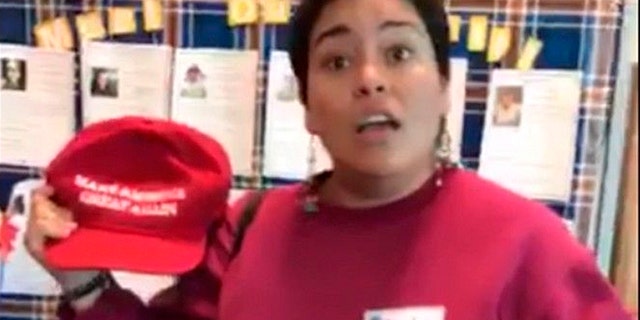 Edith Macias, an ethnic studies student at the University of California, Riverside, took protest to a fellow student wearing a "Make America Great Again" hat.