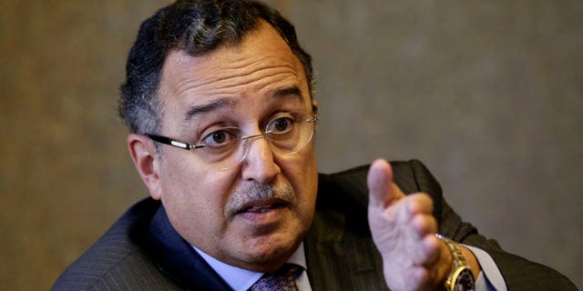 FILE - In this Saturday, Aug. 3, 2013 file photo, Egypt's Foreign Minister Nabil Fahmy speaks during a meeting with foreign media in Cairo, Egypt. Egypts foreign minister said on Thursday that Russia was too important to be a substitute for the United States as Cairos foreign ally and backer. (AP Photo/Hassan Ammar, File)