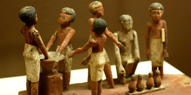 An Egyptian wooden model of beer making in ancient Egypt, located at the Rosicrucian Egyptian Museum in San Jose, California.