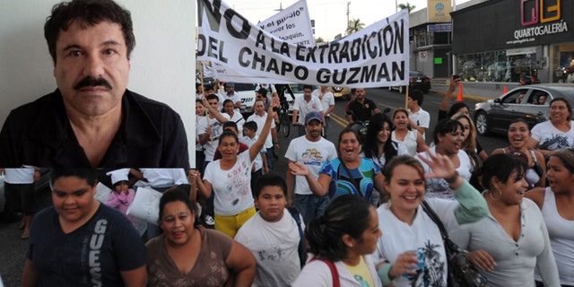 People march in support of jailed drug boss Joaquin Guzman Loera, "El Chapo" (pictured top left) in the city of Culiacan, Mexico, Wednesday, Feb. 26, 2014. (AP Photo/El Debate de Culiacan-Jonathan Telles)