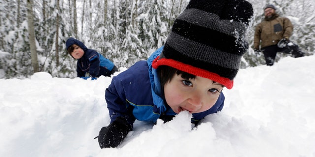 Leon Perkins, 3, leans forward to take a bite of snow as he plays with his brother Conner, left, 2, and his father Erin, Tuesday, Dec. 22, 2015, at Snoqualmie Pass, Wash. The Seattle family headed to the mountains Tuesday to enjoy the new snow that fell overnight. A weather pattern that could be associated with El Nino has turned winter upside-down across the U.S. during a week of heavy holiday travel, bringing spring-like warmth to the Northeast, a risk of tornadoes in the South and so much snow in parts of the West that there are concerns about avalanches. On Christmas Day, it could be warmer in New York City than Los Angeles.(AP Photo/Elaine Thompson)