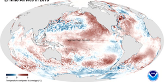 This image shows the average sea surface temperature for February 2015 as measured by NOAA satellites. The large area of red (warmer than average) can be seen extending through the equatorial Pacific.