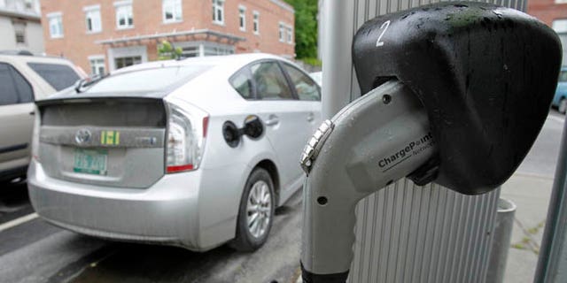 One of the biggest impediments to establishing a market for electric cars is the lack of charging stations, like this one in Montpelier, Vt. (AP Photo/Toby Talbot)