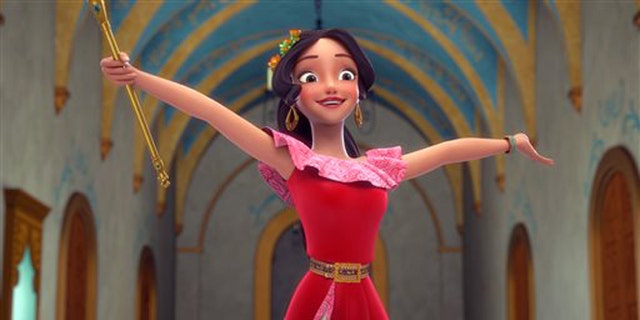 This image released by the Disney Channel shows the character Elena who  becomes a crown princess in a scene from, "Elena of Avalor," premiering July 22 on Disney Channel. (Disney Channel via AP)