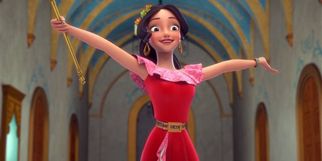 This image released by the Disney Channel shows the character Elena who becomes a crown princess in a scene from, "Elena of Avalor," premiering July 22 on Disney Channel. (Disney Channel via AP)