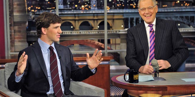 Feb. 6: n this image released by CBS, Super Bowl MVP Eli Manning, of the New York Giants, left, is shown with host David Letterman on "Late Show with David Letterman." (AP)