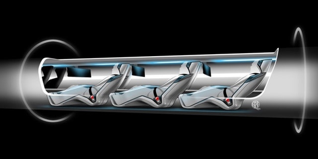 Aug. 12, 2013: An artist's concept of Elon Musk's Hyperloop passenger capsule, cutaway to show passengers onboard.