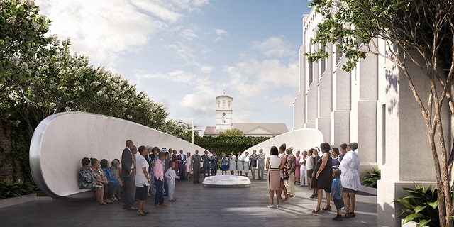 A memorial dedicated to the nine worshipers fatally shot while at Bible study at a Charleston church was unveiled Sunday. The memorial includes a fountain, flanked by two winged benches, that has the names of the Emanuel Nine etched onto it.