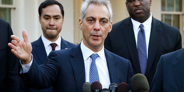 FILE: February 27, 2014: Chicago Mayor Rahm Emanuel at the microphone at the White House, in Washington, D.C.