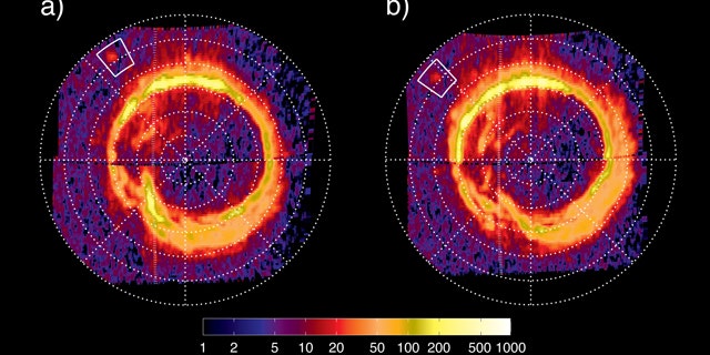 NASA's Cassini spacecraft has spotted a glowing patch of ultraviolet light near Saturn's north pole that marks the presence of an electrical circuit that connects Saturn with its moon Enceladus. This newly discovered patch occurs at the "footprint" of the magnetic connection between Saturn and Enceladus and indicates electrons and ions accelerating along magnetic field lines. White boxes indicate the location of this footprint, which scientists have long predicted but never before seen.