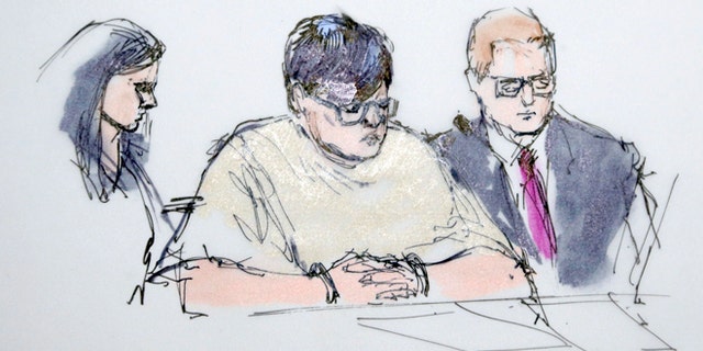 In this artist's sketch, Enrique Marquez, center, appears in federal court in Riverside, Calif., Thursday, Dec. 17, 2015. Marquez, 24, was charged Thursday with conspiring to provide material support to terrorists for plotting with gunman Syed Rizwan Farook to launch attacks in 2011 and 2012 at a community college and congested freeway at rush hour that they never carried out. (AP Photo/Bill Robles)
