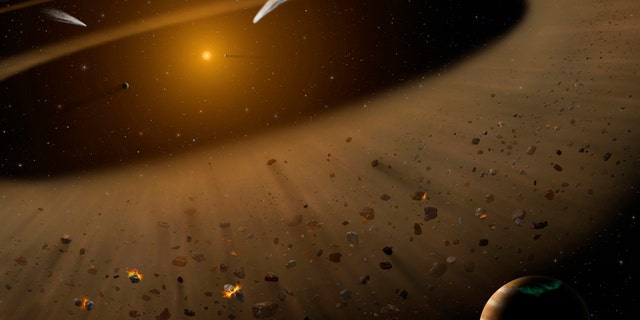 An artist's impression of the nearby Epsilon Eridani system with an asteroid belt-like debris disk scattered with rocky and icy bodies, along with the gas giant Epsilon Eridani b in the lower right.
