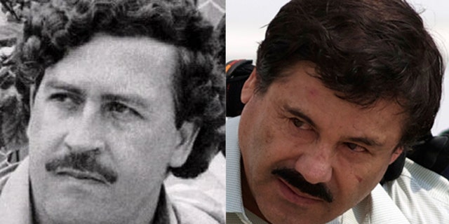 A photo composite of Colombian drug lord Pablo Escobar (left) and Mexican trafficker Joaquín "El Chapo" Guzmán.