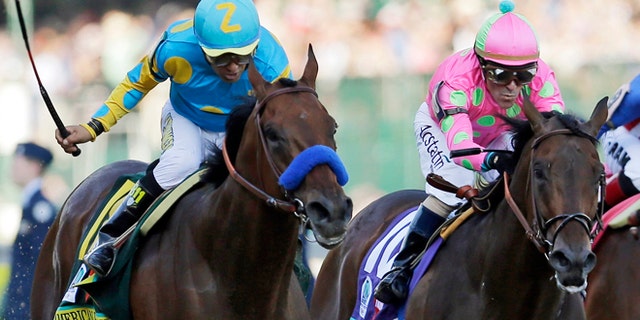 FILE - In this photo taken Saturday, May 2, 2015, jockey Victor Espinoza, left, rides American Pharoah to victory ahead of jockey Gary Stevens and Firing Line, during the 141st running of the Kentucky Derby horse race at Churchill Downs in Louisville, Ky. Stevens nearly won another Derby two weeks ago aboard Firing Line. The 52-year-old rider knows his way around Pimlico Race Course, too, and says his once-aching knees are feeling great and heâs ready to go in the Preakness. (AP Photo/Jeff Roberson, File)