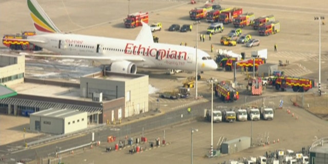 July 12, 2013 - Still taken from SKY NEWS video of emergency workers responding to a fire on an Ethiopian Airlines plane at London's Heathrow Airport. There were no passengers nor crew on board and no injuries were reported.