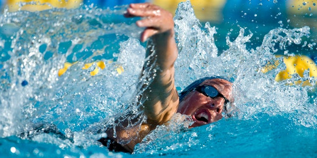 April 19, 2012: Janet Evans swims to a second-place finish in her heat of the 800-meter freestyle at the Fran Crippen Memorial Swim Meet of Champions in Mission Viejo, Calif.