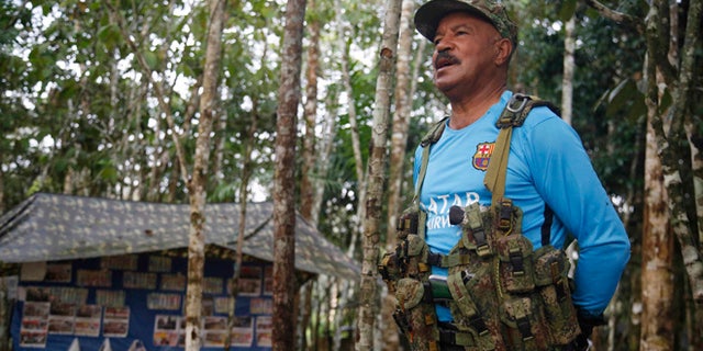 In this Wednesday, Aug. 17, 2016 photo, Martin Corena, acting commander of the Revolutionary Armed Forces of Colombiaââ¬â¢s southern bloc, FARC, addresses his troops in the southern jungles of Putumayo, Colombia. Corena is calling on President Barack Obama to free a guerrilla leader jailed for more than a decade in the U.S. Corena said Ricardo Palmeraââ¬â¢s 60-year sentence in connection to the FARCââ¬â¢s holding captive of three American defense contracts was incompatible with Obamaââ¬â¢s support for a peace deal. (AP Photo/Fernando Vergara)