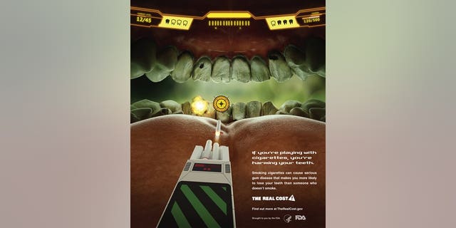 This undated image provided by the Food and Drug Administration shows the federal agency's new ad campaign featuring yellow teeth to show the costs associated with cigarette smoking. The federal agency said Tuesday, Feb. 4, 2014, it is launching a $115 million multimedia education campaign called The Real Cost thats aimed at stopping teenagers from smoking and encouraging them to quit. Advertisements will run in more than 200 markets throughout the U.S. for at least one year beginning Feb. 11. (AP Photo/Food and Drug Administration)