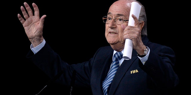 FIFA President Sepp Blatter speaks during the 65th FIFA Congress held at the Hallenstadion in Zurich, Switzerland, Friday, May 29, 2015, where he runs for re-election as FIFA head. (Walter Bieri/Keystone via AP)