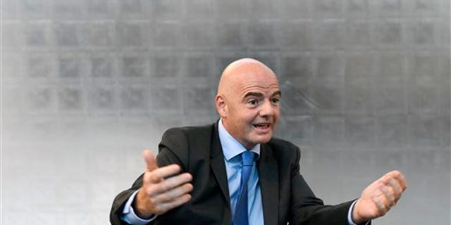 FIFA President Gianni Infantino speaks during an interview on the occasion of the "World Summit on Ethics and Leadership in Sports" at the Home of FIFA in Zurich. Switzerland, Friday, Sept. 16,  2016. (Walter Bieri/Keystone via AP)
