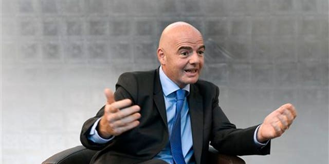 FIFA President Gianni Infantino speaks during an interview on the occasion of the "World Summit on Ethics and Leadership in Sports" at the Home of FIFA in Zurich. Switzerland, Friday, Sept. 16, 2016. (Walter Bieri/Keystone via AP)