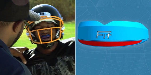 Left, an unidentified athlete outfitted with a FITGuard reports to his coach after a head impact, with the LED lights flashing red. Pictured right is a prototype photo of the FITGuard when it flashes red, signaling a high impact hit.