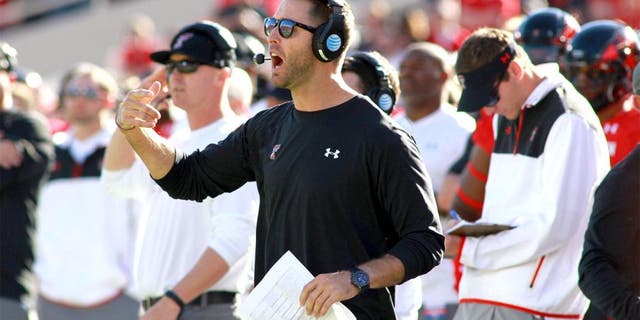 Nov 15, 2014; Lubbock, TX, USA; Texas Tech Red Raiders head coach Kliff Kingsbury yells during the game with the Oklahoma Sooners at Jones AT&T Stadium. Mandatory Credit: Michael C. Johnson-USA TODAY Sports