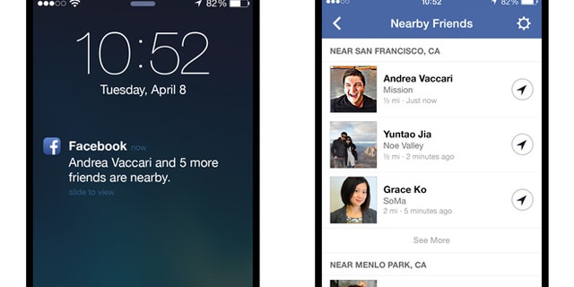 This image provided by Facebook shows the âNearby Friends" tool. Using your smartphoneâs GPS system, it will tell your Facebook friends _ provided they have the feature turned on _ that you are nearby. Rather than share your exact location, though, it will only show that you are in close proximity, say within half a mile. (AP Photo/Facebook)