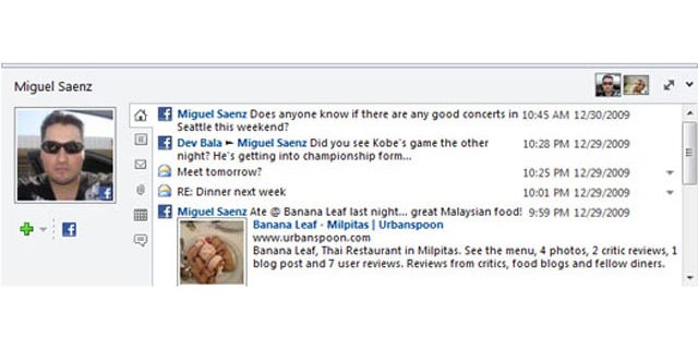 The Outlook Social Connector, new in Outlook 2010, allows users to see both e-mail and social-network activities for a contact across multiple social networks, including Facebook and LinkedIn.