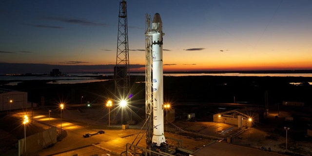 SpaceX's debut Falcon 9 rocket stands atop its launch pad at Space Launch Complex 40 at the Cape Canaveral Air Force Station in Florida in late Feb. 2010 for final tests ahead of its maiden test flight. First launch set for June 2010.