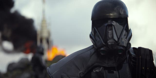 This image released by Disney shows a scene from the upcoming film, "Rogue One: A Star Wars Story." The world got a glimpse of âRogue One: A Star Wars Storyâ in teaser trailer that debuted Thursday, April 7, 2016 on Good Morning America that introduces the rag tag rebels who unite to steal the plans for the Death Star, including âThe Theory of Everythingâsâ Felicity Jones. The film directed by Gareth Edwards also stars Diego Luna, Forest Whitaker and Ben Mendelsohn. (Disney via AP)