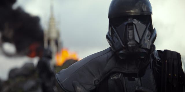 This image released by Disney shows a scene from the upcoming film, "Rogue One: A Star Wars Story." The world got a glimpse of âRogue One: A Star Wars Storyâ in teaser trailer that debuted Thursday, April 7, 2016 on Good Morning America that introduces the rag tag rebels who unite to steal the plans for the Death Star, including âThe Theory of Everythingâsâ Felicity Jones. The film directed by Gareth Edwards also stars Diego Luna, Forest Whitaker and Ben Mendelsohn. (Disney via AP)