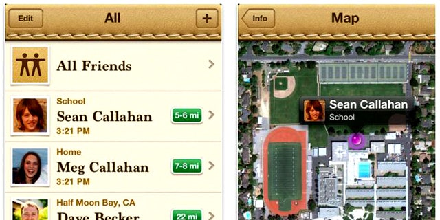 A screenshot of the Find My Friends app from Apple, which helps users to locate friends and family using the built in GPS in their iPhones.