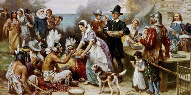 An artistic depiction of the first Thanksgiving feast
