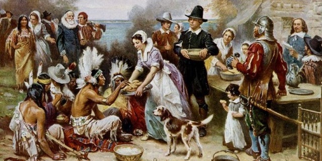 An artistic depiction of the first Thanksgiving feast.