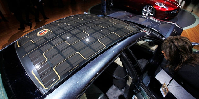 Jan. 13, 2009: A solar roof is seen on a Fisker Karma hybrid electric car during the North American International Auto Show in Detroit, Michigan.