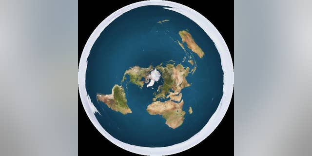 In this depiction of what a flat Earth would look like, Antarctica is represented as a layer of ice surrounding a disc-shaped Earth.