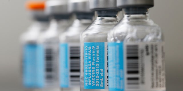 Vials of flu vaccine are displayed at Philly Flu Shots.