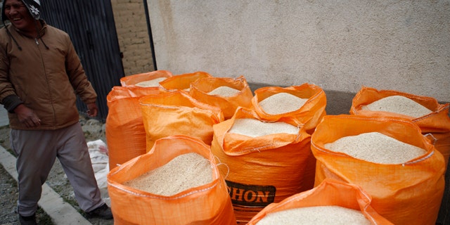 In this photo taken Oct. 2, 2010, a man stands next to bags filled with quinoa grain in La Paz, Bolivia. Quinoa's rising popularity among First World foodies has been a boon to some of the poor farmers in the semiarid highlands of Bolivia. (AP Photo/Juan Karita)