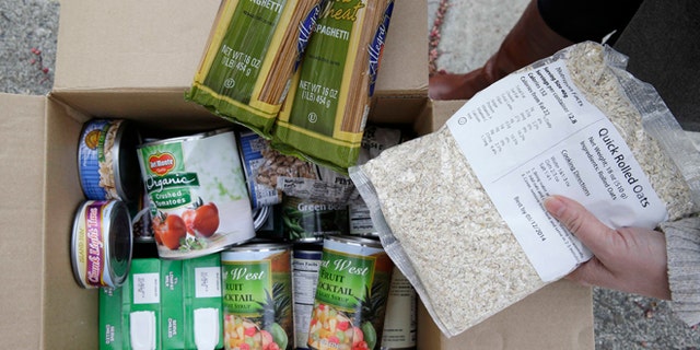 This photo taken Jan. 8, 2014 shows the contents of a specially prepared box of food at a food bank distribution in Petaluma, Calif., part of a research project with Feeding America to try to improve the health of diabetics in food-insecure families. Doctors are warning that the federal government could be socked with a bigger health bill if Congress cuts food stamps _ maybe not immediately, they say, but if the poor wind up in doctors' offices or hospitals as a result. (AP Photo/Eric Risberg)